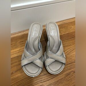 407. Cole Haan Taupe Leather Air Wedge Sandals. Pre-loved.